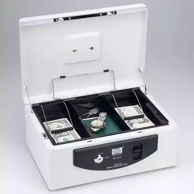 14-дюймовый денежный ящик с цилиндрическим замком и сигнализацией.